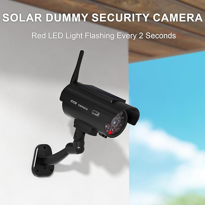 WALI Dummy Fake Camera, Solar Powered Fake Security Camera with LED Light, Simulated Surveillance Security CCTV Dome Cameras with Antenna and Warning Sticker Indoor Outdoor (SOL-TCB2), 2 Packs, Black