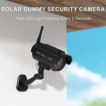WALI Dummy Fake Camera, Solar Powered Fake Security Camera with LED Light, Simulated Surveillance Security CCTV Dome Cameras with Antenna and Warning Sticker Indoor Outdoor (SOL-TCB2), 2 Packs, Black