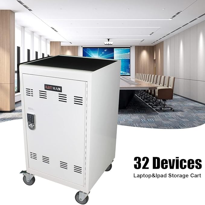 32 Device Mobile Charging Station for Laptops/Tablets/iPads/Chromebooks,32 Bay Lockable Charging Cabinet with Cable Management & Power Strip Included, Laptop & Tablet Storage Carts,Combination Lock