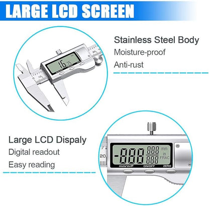Digital Caliper Measuring Tool, Stainless Steel Vernier Caliper Digital Micrometer with Large LCD Screen, Easy Switch from Inch Metric Fraction, 6 Inch Caliper Tool for DIY/Household