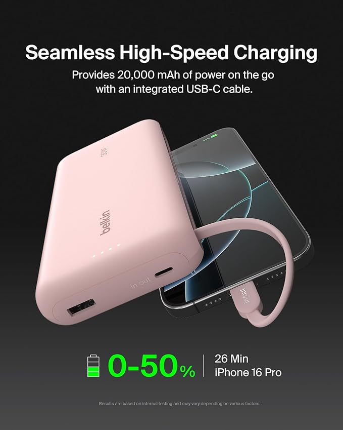 Belkin Portable Charger, Power Bank with Integrated Cable 20000 mAh 30W - Fast Charging USB C Power Delivery - iPhone 17, Air, Pro, Pro Max, iPad, AirPods, Apple Watch, Galaxy S25, & More - Pink