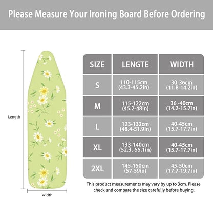 ZCFYGDX Fresh White Daisy Print Ironing Board Cover, Resist Scorching & Staining, Easy to Install Resistant Elastic Edges, 3 Nylon Buckle Straps Fasteners, Protective Scorch Cloth Covers Size-S