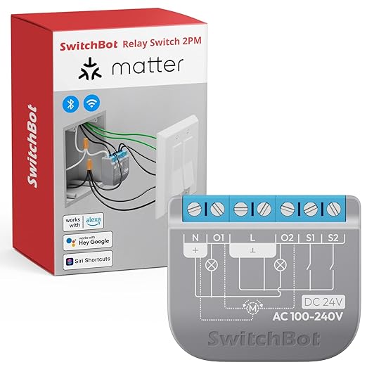 SwitchBot Smart Relay Switch 2PM, Power Metering, Dual Light Control, Built-in Bluetooth Repeater, Wi-Fi & Bluetooth Switch Compatible with Alexa/Apple Home/Google Home/Matter Hub Required, 2.4GHz