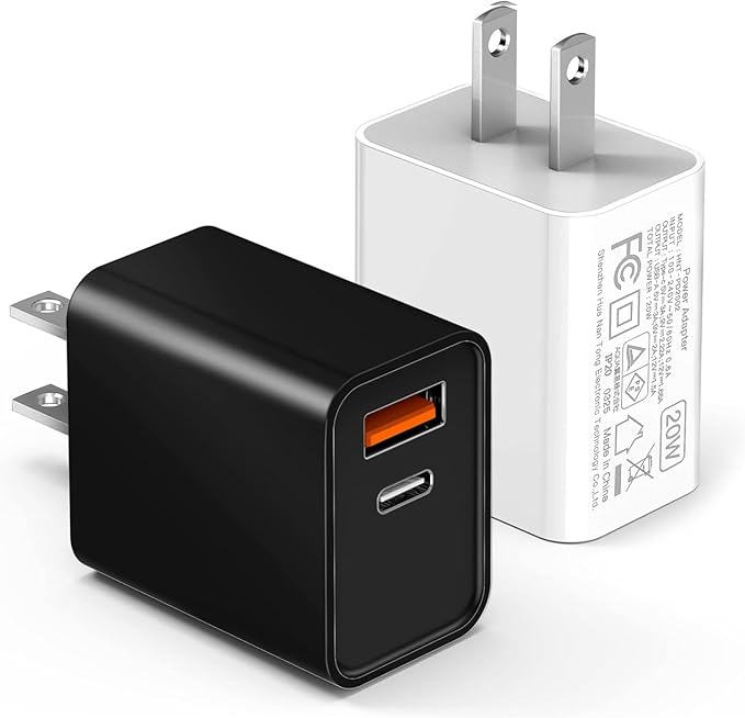 2-Pack Type C Charger Adapter, 20W Multiport Fast Charge Power Brick Cube for iPhone 16/17, iPad, iPod, Samsung Galaxy, Motorola, PS5, Huawei, HTC, LG, Nokia, QC+PD 3.0 USBA Box Wall Plug