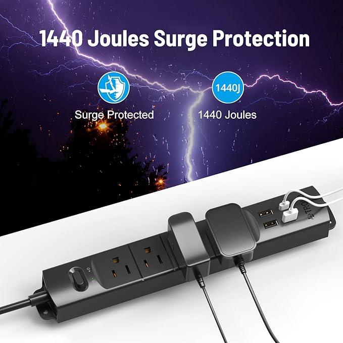 TROND Surge Protector Power Strip with USB, Ultra Thin Flat Plug 10ft Long Extension Cord 1625W, 3 USB A & 1 Type C, 4 AC Outlets 1440J Surge Protection Wall Mount for Home Office Dorm Room, Black
