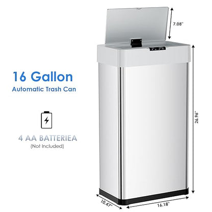 AthLike Sensor Trash Can, Touchless Motion Sensor Trash Bin, Smart Automatic Garbage Can with Soft-Close Lid, Bag Retainer Ring and Display Light,for Kitchen,Living Room Office (Silver, 16 Gal)