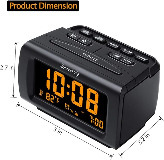 DreamSky Alarm Clock Radios for Bedrooms with Battery Backup, Large Big Numbers with Brightness Dimmer, USB Port, Bedside Digital FM Radio with Sleep Timer, Temperature, Adjustable Volume, Snooze