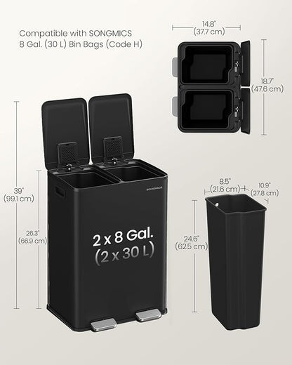 SONGMICS Trash Can, 2 x 8 Gallon (2 x 30 L) Dual-Compartment Garbage Can with Soft-Close Lid, Pedal and Inner Buckets, Stainless Steel, Includes 15 Liner Bags, Ink Black ULTB741B01