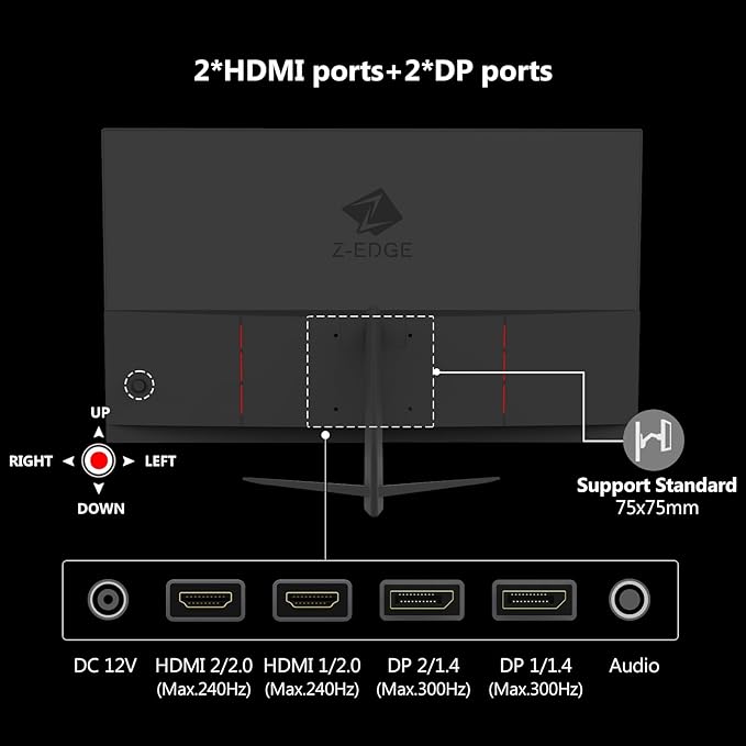 Z-Edge 24.5 inch 300Hz 280Hz 240Hz Gaming Monitor, UG25S FHD 1080p, Ultra Fast MPRT 1ms, IPS Monitor Gaming, PC Computer Monitor, 16.7M Colors, DP x2, HDMI x2