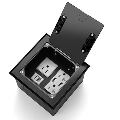 Vagueior Recessed Flat Hidden Floor Electrical Outlet Box Kit,Stainless Steel Cover with 2 * 20A+ 1 * 15A Receptacle Outlet,+2 * 5V/4.8A USB Port+1*RJ45 Port,UL Certified,Black