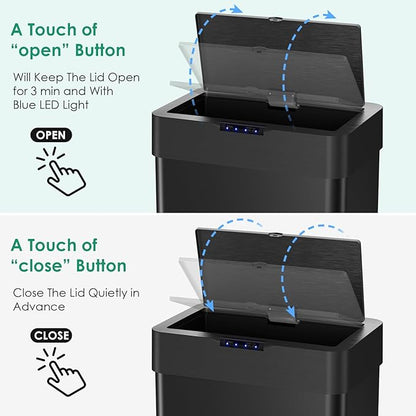 Arlopu Automatic Trash Can,Sensor Motion Stainless Steel Garbage Bin, Touchless Smart Waste Bin, W/Stay-Open, Soft Close Lid, Display Light for Kithchen, Living Room, Office (Black, 18.5gal)