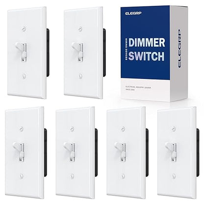 ELEGRP Digital Toggle Dimmer Switch for Dimmable LED, CFL and Incandescent Light Bulbs, Single Pole or 3-Way Toggle LED Dimmer Light Switch, Wall Plate Included, UL Listed, 6 Pack, White