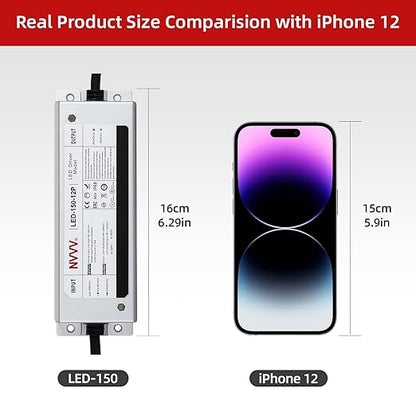 12 Volt LED Driver 150 Watts Waterproof IP68 Power Supply Low Voltage Transformer Adapter 90-265V AC to 12V DC 12.5A Converter for LED Strip, Indoor Outdoor Lighting Built-in Active PFC Function