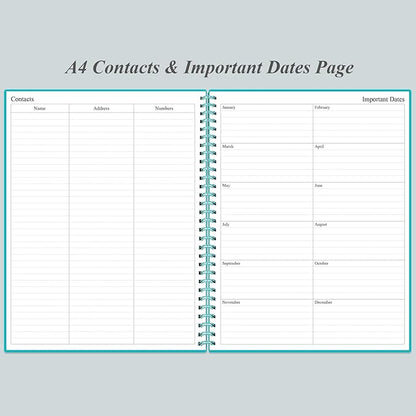 Daily Planner Undated - A4 To Do List Notebook Hourly Schedules, Spiral Appointment Planner for Women and Men,PVC Hardcover, Inner Pocket, Elastic Closure, 8.5" x 11", Teal