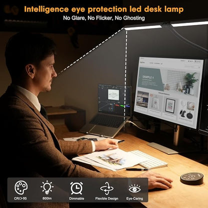 Pzloz Led Desk Lamp for Office Home - Eye Caring Architect lamp with Clamp,Dual Screen Computer Monitor Work Smart Light: 24W 5 Color Flexible Adjustable Lighting Table Lamp for Study Drafting