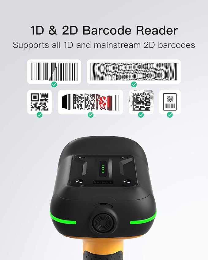 Inateck Industrial Barcode Scanner Wireless, 2D QR Code Scanner with Smart Charging Stand, IP67 Waterproof and Dustproof, Barcode Reader with 2600mAh Battery，Handscanner with App & SDK, BCST-75S