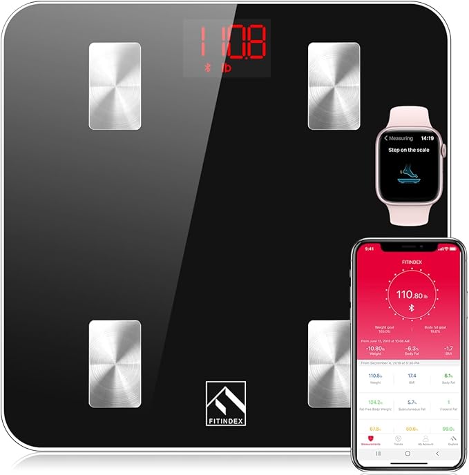 FITINDEX Scale with BMI, Body Fat, Muscle Mass, Smart Scale for Body Weight, Bluetooth, Digital, Sync with App, User Health Equipment