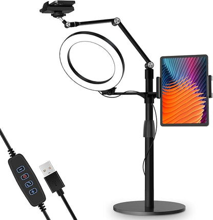 viozon 3-in-1 Selfie Desktop Live Stand, Height Adjustable/Overhead, 8" LED Ring Light, Compatible with 3.5-13" Tablet& Phone, Suitable for YouTube/Tiktok/Recording/Streaming/Online Meeting-B