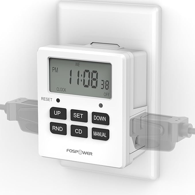 Fospower 7 Day Digital Timers for Electrical Outlets Indoor, Heavy Duty Dual Programmable Outlet Light Timer Switch, Electric Power Wall Timer for Grow Light, Appliance, Lamp, 3 Prong, Grounded
