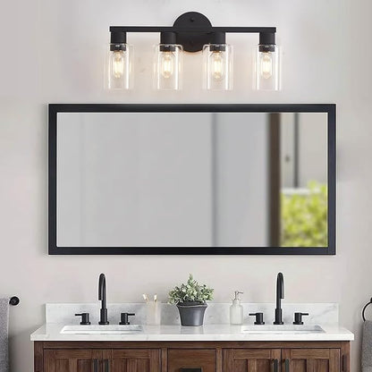 4 Light Bathroom Vanity Light, Matte Black Bathroom Light Fixtures with Clear Glass Shade, 4-Light Vanity Lights, Black Lighting Fixtures for Bath Mirror Bedroom Living Room Hallway Porch