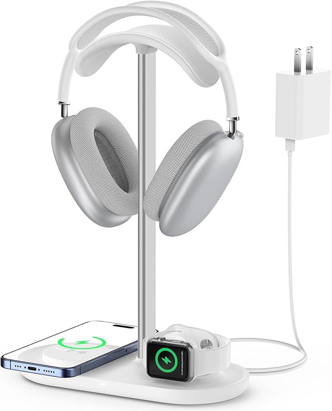 Universal Headphone Stand, Magnetic Wireless Charger for iPhones/AirPods/iWatch, Aluminum Alloy Rod, Leather Pad, ABS Solid Base, White