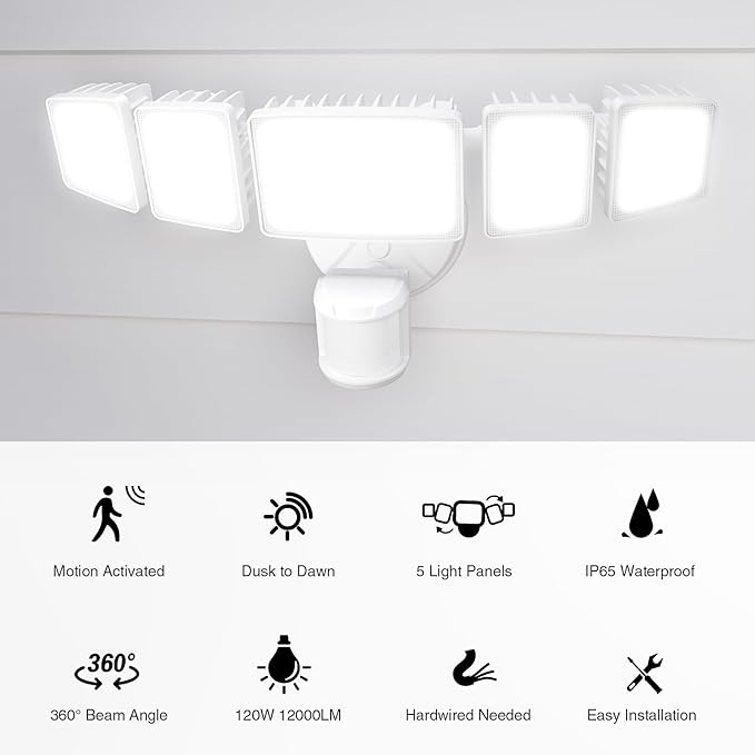 Onforu 120W 12000LM LED Security Lights Motion Sensor Outdoor, Dusk to Dawn Flood Lighting, 5 Heads 360° Wide Angle Illumination, 6500K IP65 Waterproof Hardwired Floodlight Motion Detection (White)