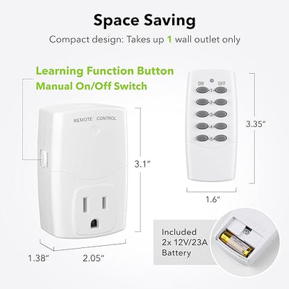 BN-LINK Mini Wireless Remote Control Outlet Switch Power Plug in for Household Appliances, Wireless Remote Light Switch, LED Light Bulbs, White (2 Remotes + 5 Outlets) 1250W/10A