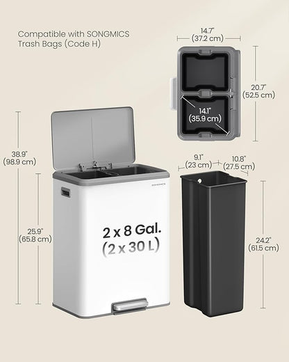 SONGMICS Trash Can, 2 x 8 Gallon (2 x 30 L) Double Garabge Can for Recycling and Waste, Stainless Steel, Soft-Close Lid, Inner Buckets, Wide Sturdy Pedal, Cloud White ULTB556W01