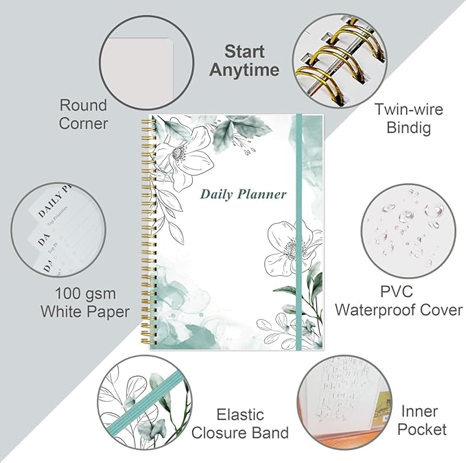 Daily Planner Undated - B5 To Do List Notebook Hourly Schedules, Spiral Appointment Planner for Women and Men, PVC Hardcover, Inner Pocket, Elastic Closure, 7" x 10", Teal Flowers