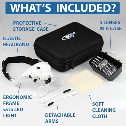 Vision Aid Magnifying Glasses with Light for Close Work, Illuminated Hands Free Headband Magnifier Goggles with Storage Case for Hobby Painting Reading Coin Watch Bead Jewelry…