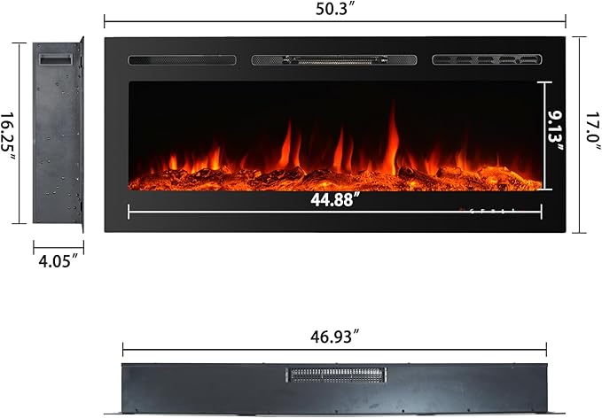 CharaVector Electric Fireplaces Recessed Wall Mounted Fireplace Insert 50 Inch Wide Heater LED Fire Place Remote Control & Touch Screen, 1-12 Hours Timer, 12 Color Flame and Log Color