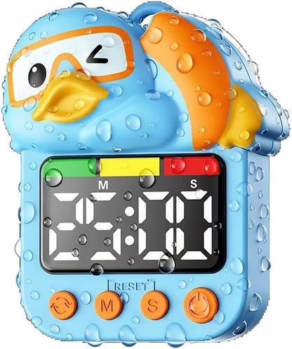 Shower Timer Waterproof Visual Timer for Kids, 99-Min Digital Potty Training Timer for Toddler, Duck-Shaped Bathroom & Kitchen Time Management Tool, Rechargeable, Blue