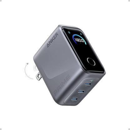 Anker Prime Charger, 160W 3-Port Compact GaN USB C Charger Block, Smart Display and Touch Control, 140W Max Charging via Any Single Port, for MacBook Pro/Air, Laptop, iPhone 17/16 Series(Non-Battery)
