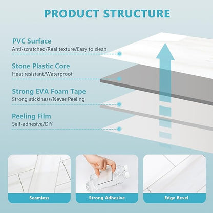 Vamos Tile 100-Piece Glossy Dolomite White Peel and Stick Backsplash Tile,3''x6'' PVC Subway Tile with White Grout, Stick on Backsplash for Kitchen/Bathroom/Fireplace