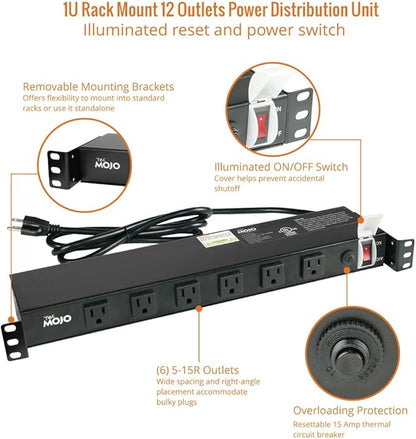 Tecmojo 1U Rackmount Network-Grade PDU Power Strip, 12 Wide-Spaced Right Angle Outlets, Circuit Breaker 12A (UL Certified 12A) 6ft Cord w/ 5-15P Plug, Black