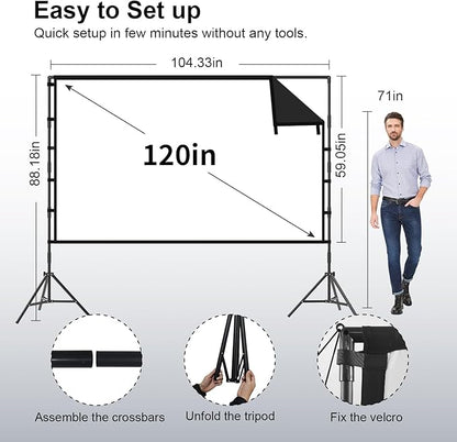 Outdoor Projector Screen with Stand, TOWOND 120 inch Portable Projector Screen Black Backing, Indoor Projection Screen 16:9 4K HD Wrinkle-Free Movie Screen with Carry Bag for Backyard Movie Night