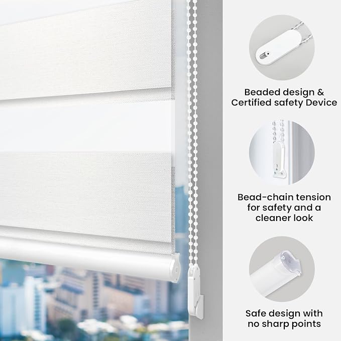 FOIRESOFT Standard Custom Blackout Zebra Roller Blinds [Bonita, Pure White, W 10-109 x H 10-105 inch] Dual Layer Privacy Shade, Room Darkening, Select 1x1 for Custom