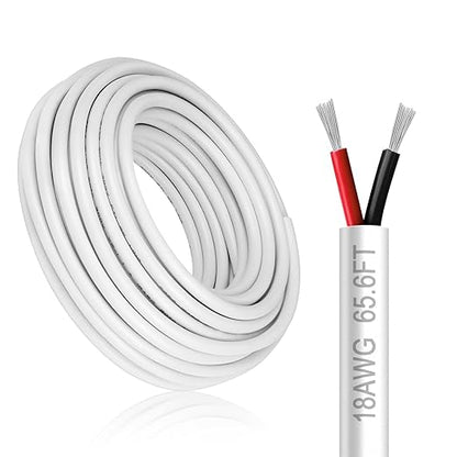 18 Gauge 2 Conductor Electrical Wire, 65.6FT White Stranded Low Voltage 18/2 PVC Case, 18 AWG Tinned Copper 2 Wire Extension Power for Strips LED Lamp Lighting