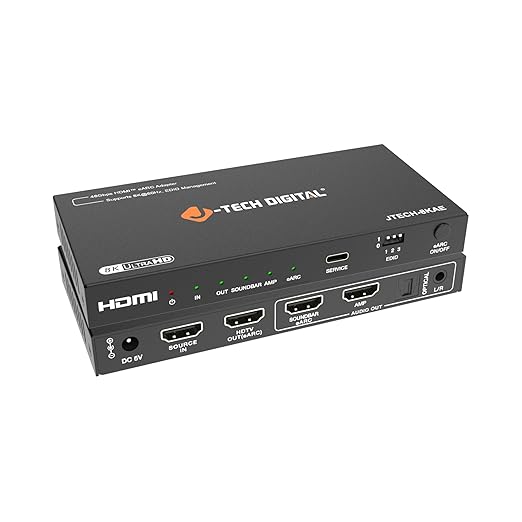 J-Tech Digital 8K HDMI Audio Extractor with eARC ARC 8K 60Hz 4K 120Hz, HDMI to Optical L/R Converter Adapter, HDCP 2.3 HDR CEC EDID [JTECH-8KAE]