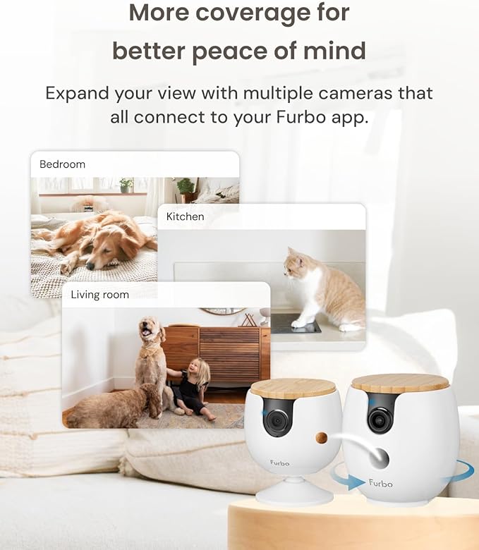 Furbo [New Mini 360° Camera + Mini Cam [New Subscription Required at Setup] (2-Camera Bundle Nanny Pro Subscription): Pet Safety Alerts, Dog & Cat Cameras with Speaker, Phone App & Night Vision