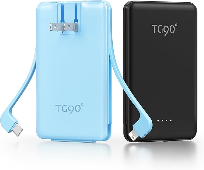 TG90° 2 Pack 5000mAh Power Bank,Small Portable Charge Built-in AC Plug and Cables,Pocket Size USB C External Battery Pack Compatible with iPhone 17 16 15 14 13 12 Samsung Google iPad,Black & Blue