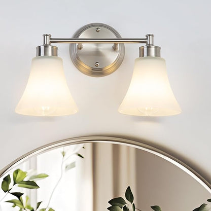 LOUSACE 2 Light Bathroom Vanity Light Brushed Nickel Bathroom Lighting Fixtures Over Mirror with Opal White Frosted Glass, Vintage Traditional Wall Lighting Fixture Satin Nickel Vanity Lights