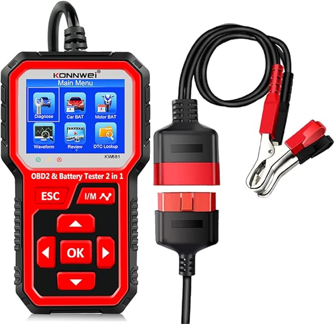 KONNWEI KW681 OBD2 Scanner 6V 12V Car Battery Tester, 2 in 1 Car Diagnostic Scanner Automotive Battery Alternator Load Tester Check Engine Code Reader Scan Tool