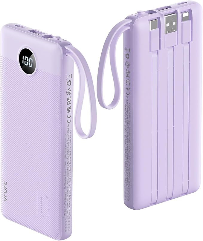 VRURC Portable Charger Power Bank, 10000mAh Travel Essentials Battery Pack, 5 Outputs 2 Inputs Slim Charging Bank Built-in Cables Cords for iPhone 17 16 15 14 13,Samsung,Android-Lavender(1 Pack)