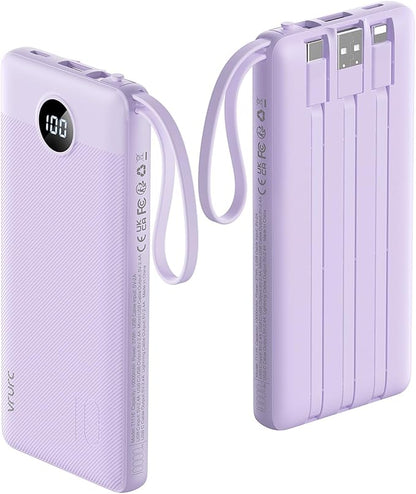 VRURC Portable Charger Power Bank, 10000mAh Travel Essentials Battery Pack, 5 Outputs 2 Inputs Slim Charging Bank Built-in Cables Cords for iPhone 17 16 15 14 13,Samsung,Android-Lavender(1 Pack)