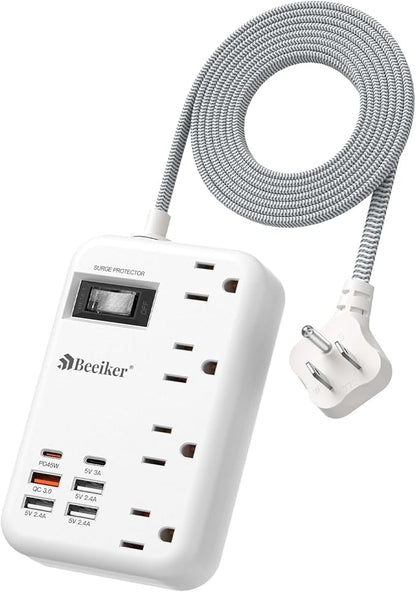 45W USB C Surge Protector Power Strip, Travel Power Strip with 6 USB(2 USB C) Ports and 4 Outlets,5Ft Flat Plug Braided Extension Cord, PD 45W Fast Charging for MacBook Laptops iPad Pro iPhone Samsung