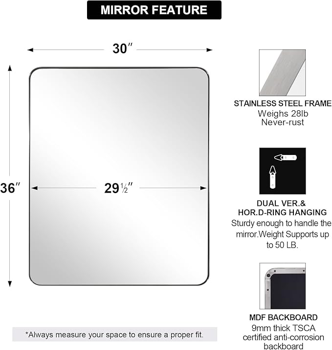 ANDY STAR Wall Mirror Brushed Nickel for Bathroom, 30x36 Rounded Rectangle Mirror with Stainless Steel Silver Metal Frame, Modern Bathroom Vanity Mirror