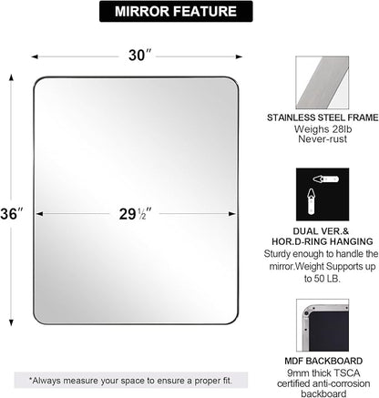 ANDY STAR Wall Mirror Brushed Nickel for Bathroom, 30x36 Rounded Rectangle Mirror with Stainless Steel Silver Metal Frame, Modern Bathroom Vanity Mirror