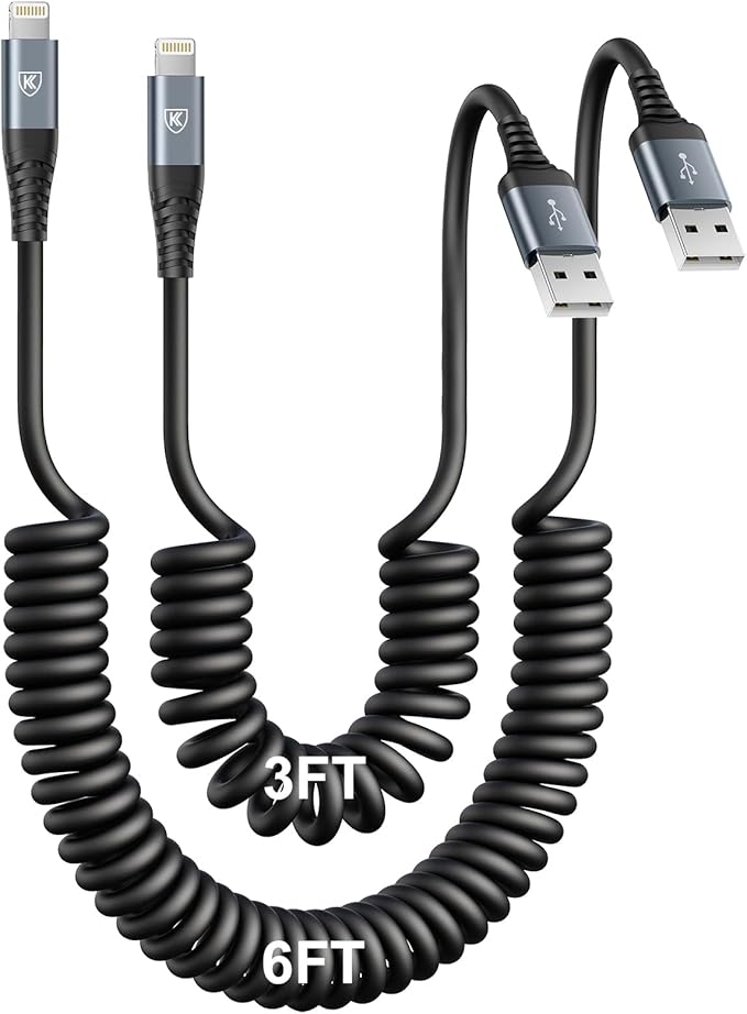 iPhone Charger Cable for Car [3FT+6FT], Coiled Lightning Cable [Apple MFi Certified] 2 Pack Lightning Cord Compatible with iPhone14 13/12/11 Pro Max/XS MAX/XR/XS/X/8/7/Plus/6S iPad/iPod-Black