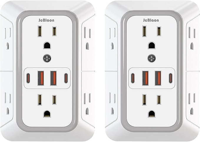 2 Pack Outlet Extender Surge Protector, 6 Outlet Splitter with 4 USB Outlet (2 USB A,2 USB C), 3Sided Power Strip with Adapter Spaced Outlets for Home, Office, Travel(White)
